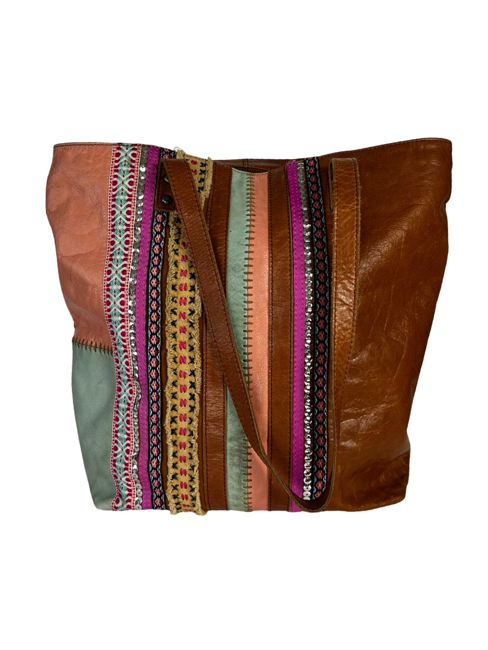 The Sak Leather Boho Tote Bag Embroidered Stripe Patchwork Brown Pink Large